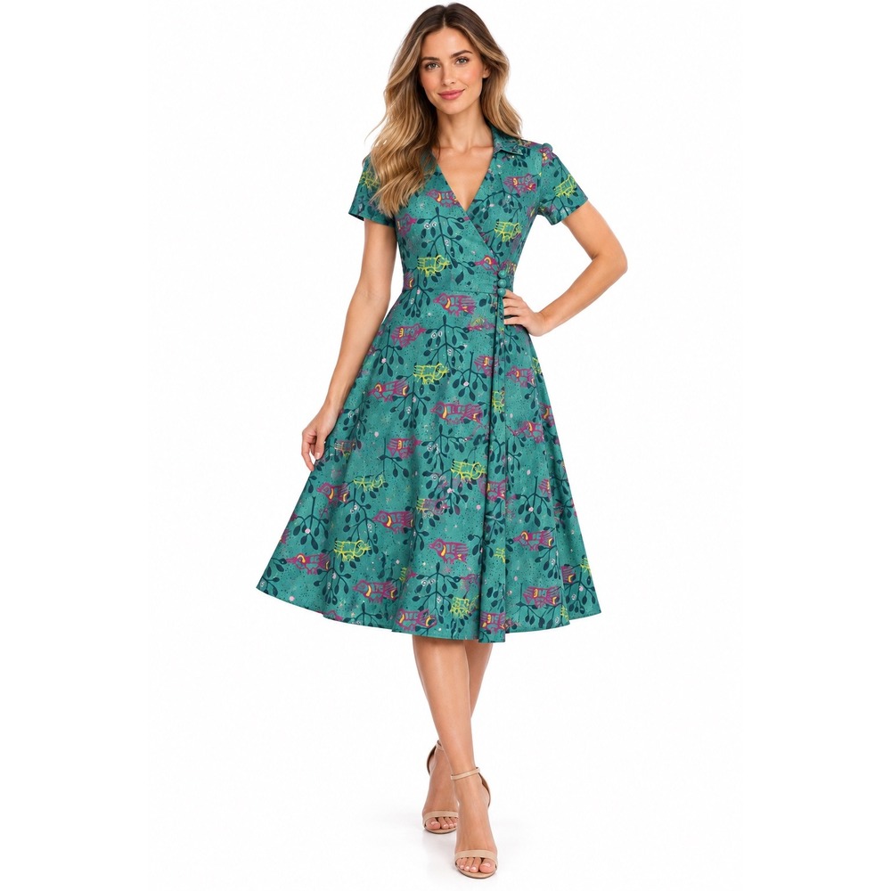 Peruvian Connection Wrap Dress Women 6 Teal Bird Print Pima Cotton Short Sleeve